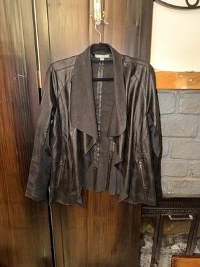 Kate & Mallory Black Draped Open-Front Leather Jacket with Zip Pockets